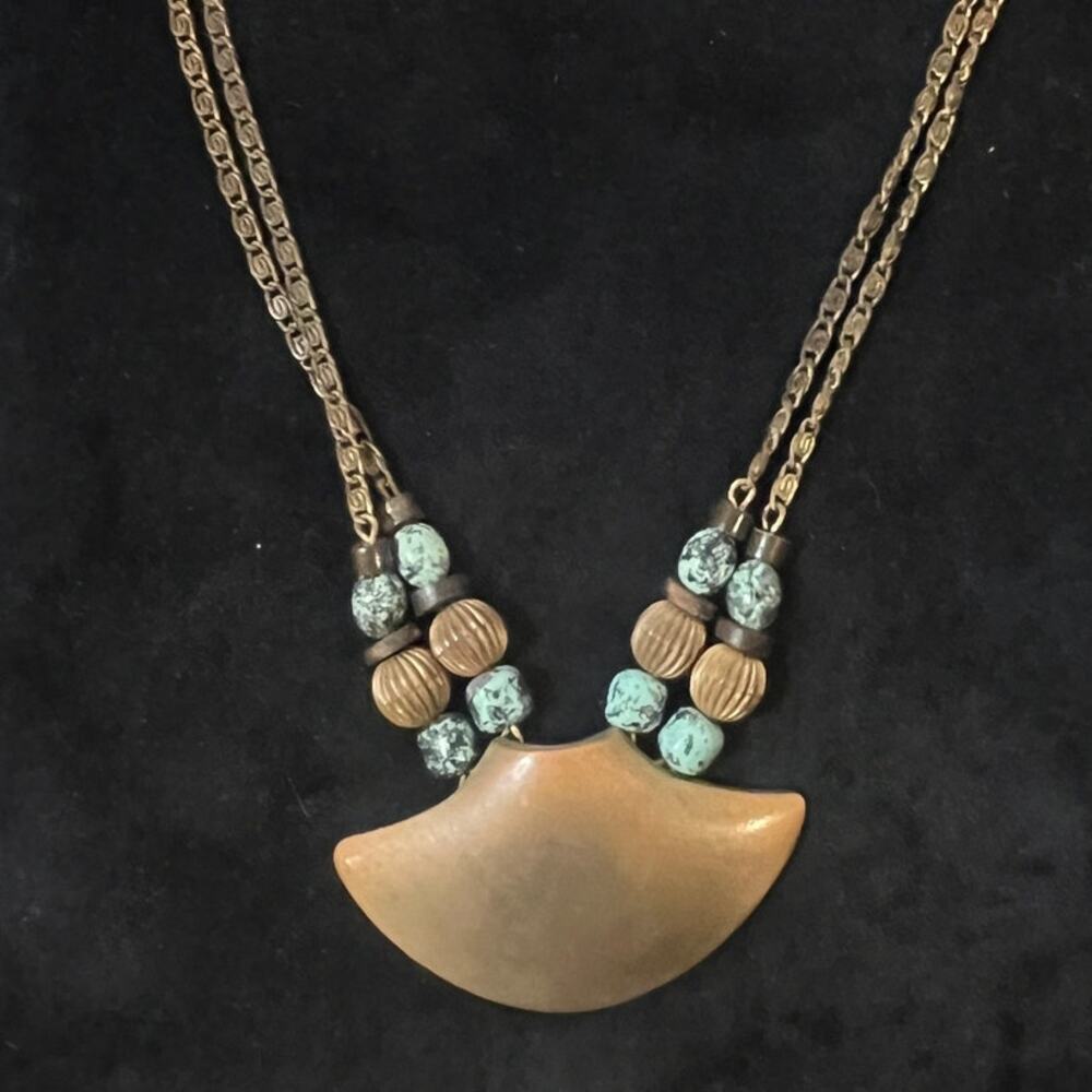 Unique Fan-Shaped Bronze Pendant‎ with Beaded Turquoise & Bronze Beads